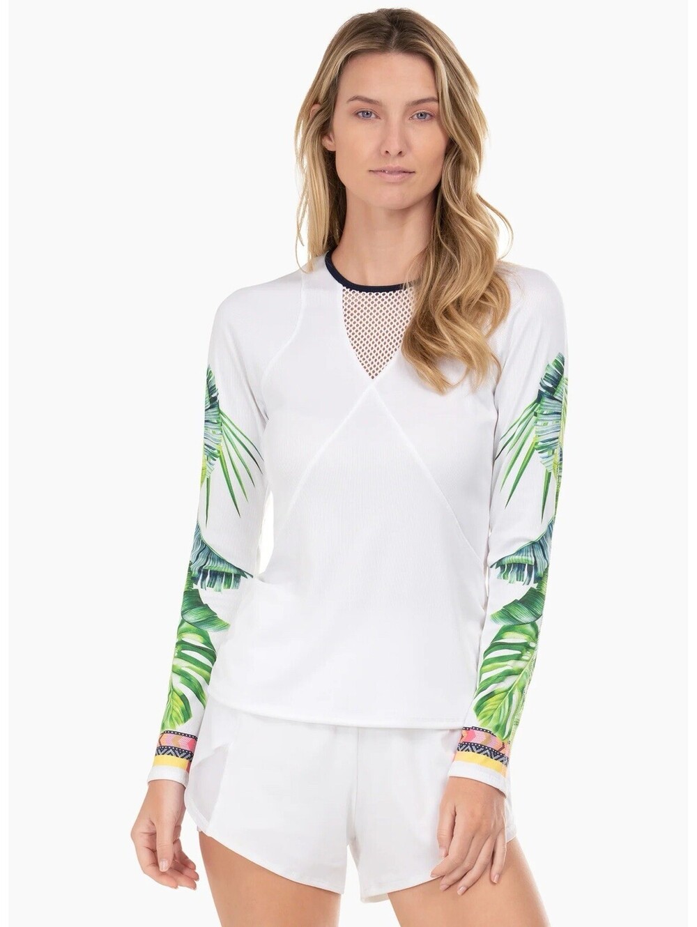 Lucky In Love Palm Island Long Sleeve White Palm Leafs Tennis Shirt Size XS